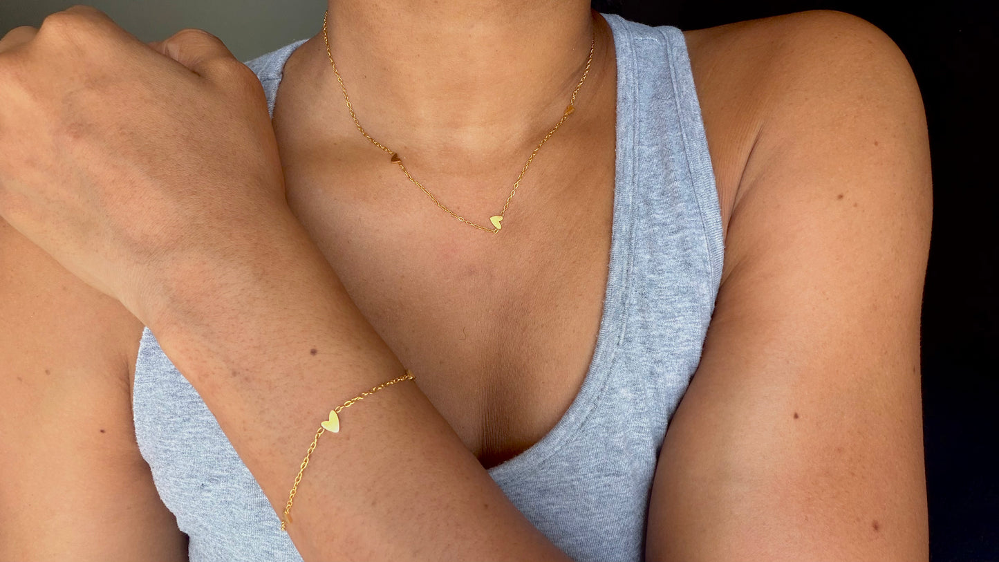 Triple Heart Dainty Necklace and Bracelet set