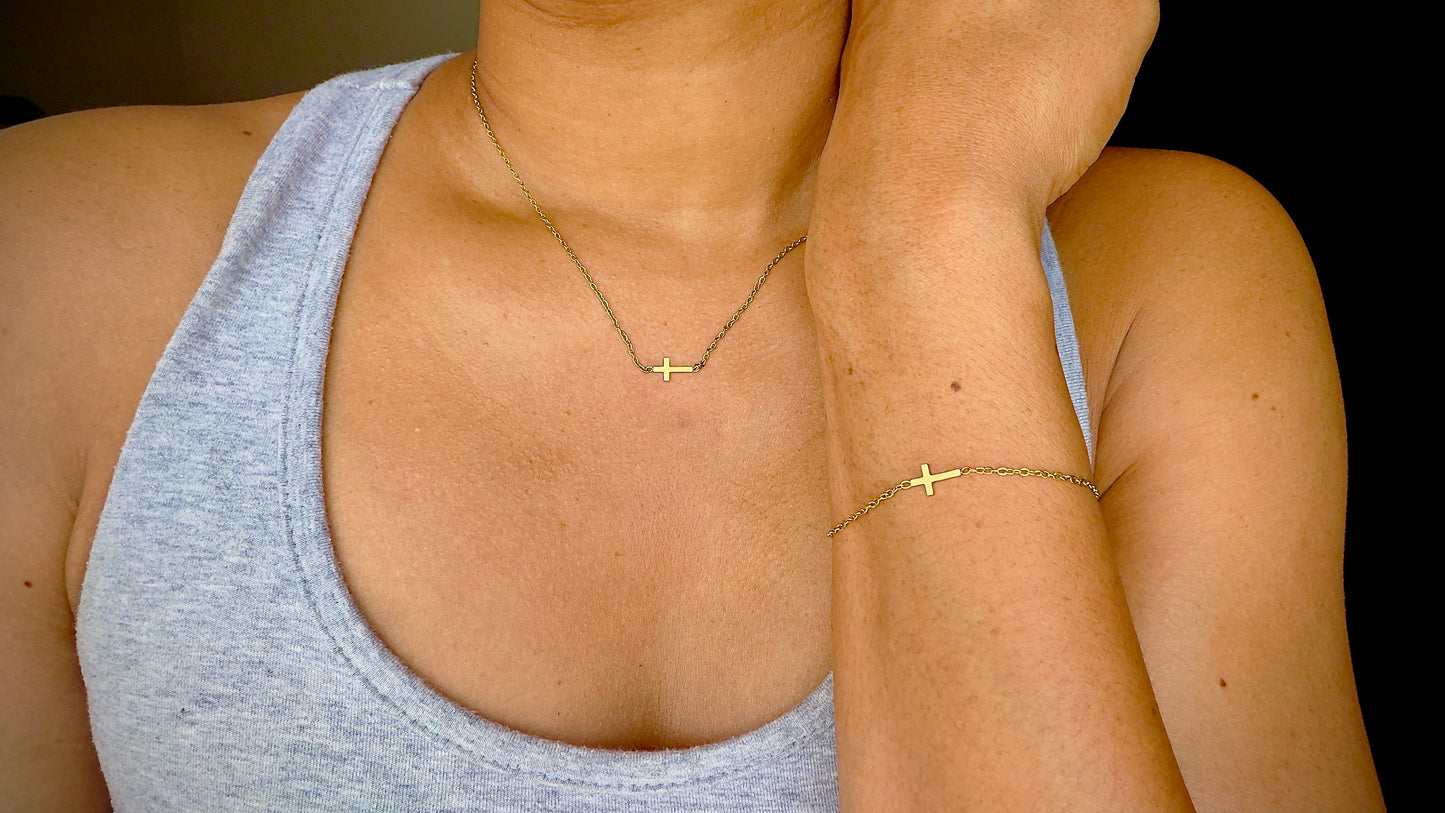 Dainty Cross Necklace + Bracelet Set